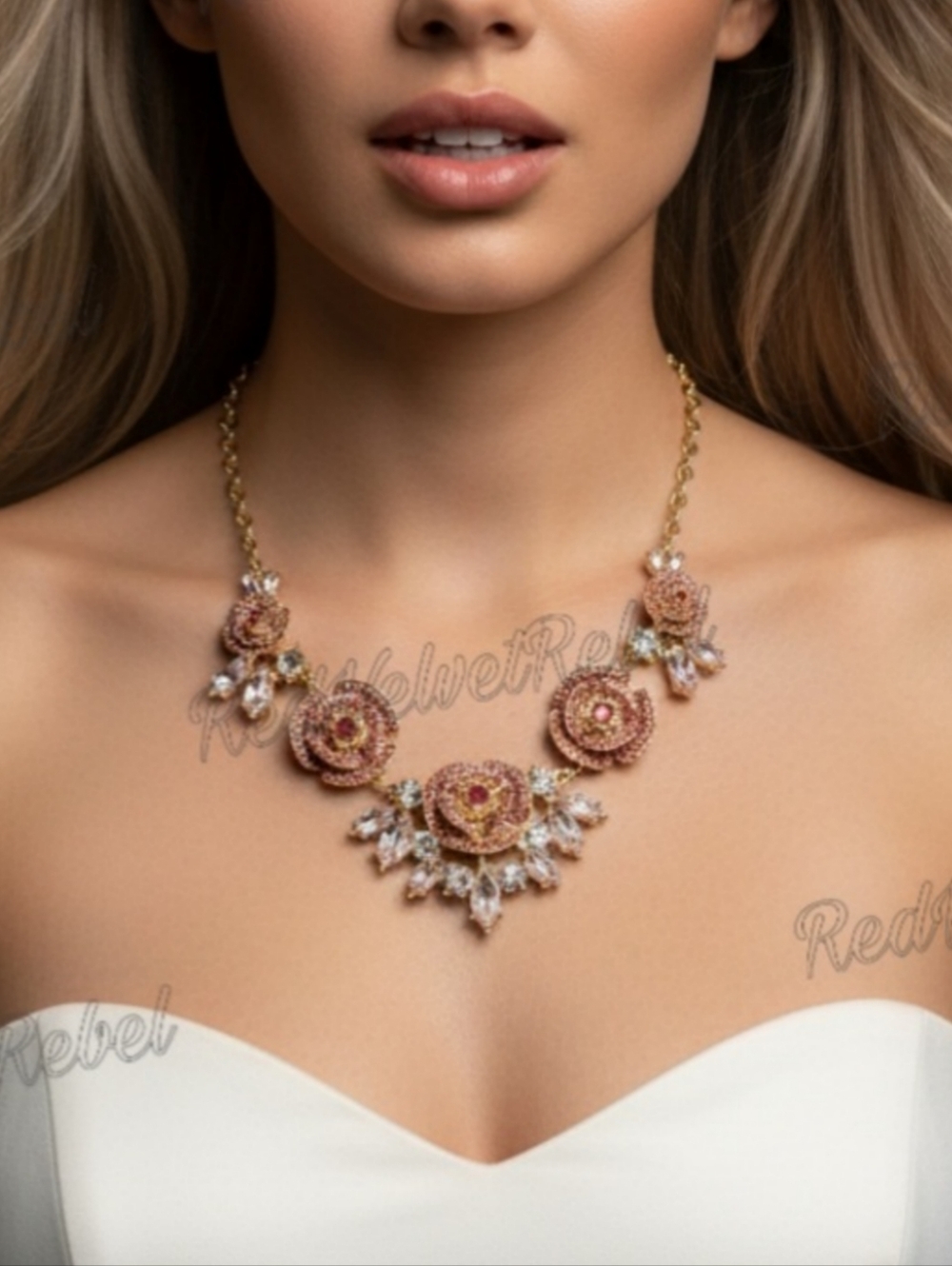 Vintage Handmade Elegant Floral Crystal Embellished Gold Necklace